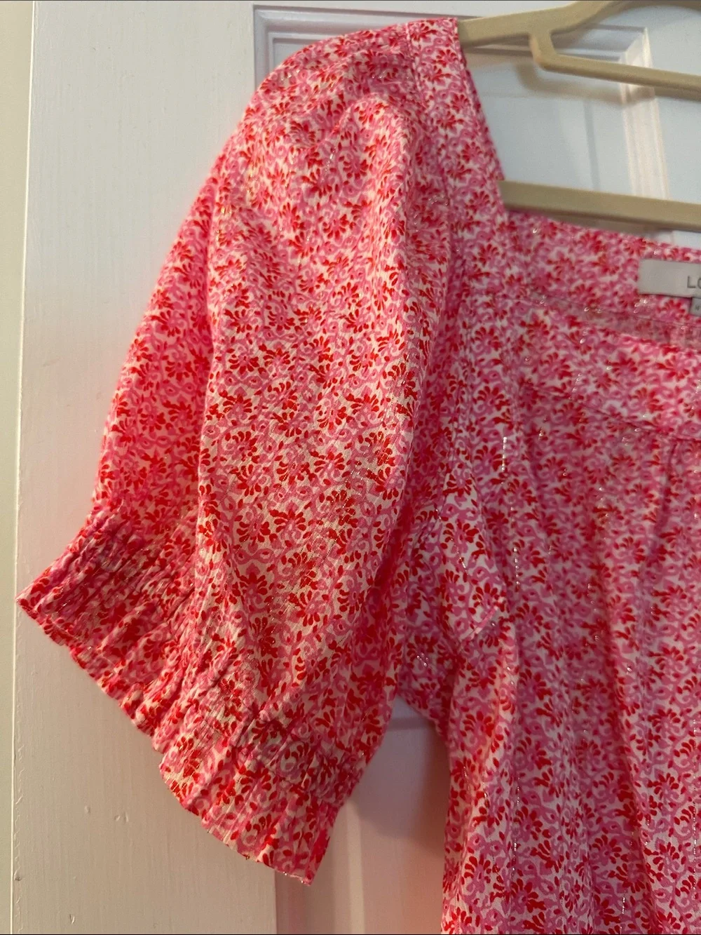 LOFT Pink Ditsy Floral Puff-Sleeve Square Neck Blouse